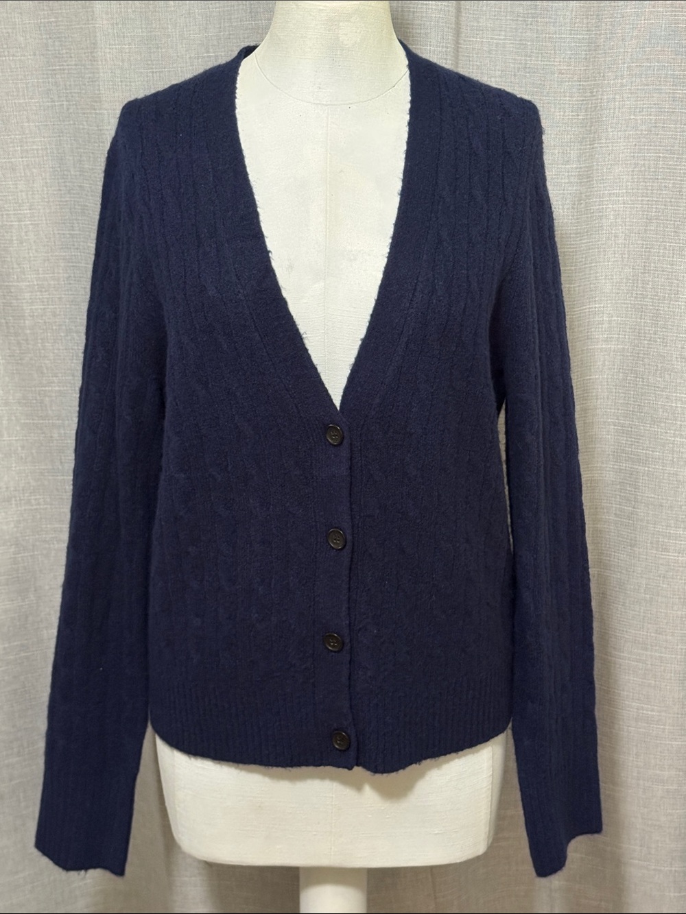 Worn 1X J Crew Wool Blend Cable Knit Cardigan-Navy-Sz M-V Neck 4 Button
